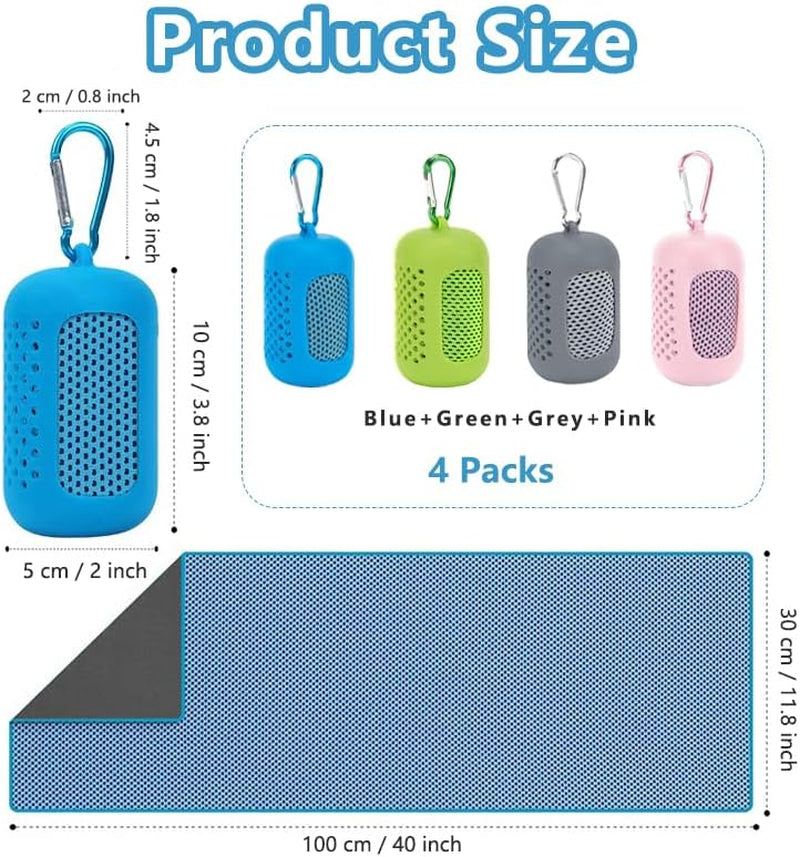4 Pack Cooling Towels (40"X12"), Microfiber Chilly Towels Soft Breathable Gym Ice Towel for Workout, Yoga, Sport, Silicone Set Travel Sweat Towels Fast Drying Lightweight Cooling Neck Wraps